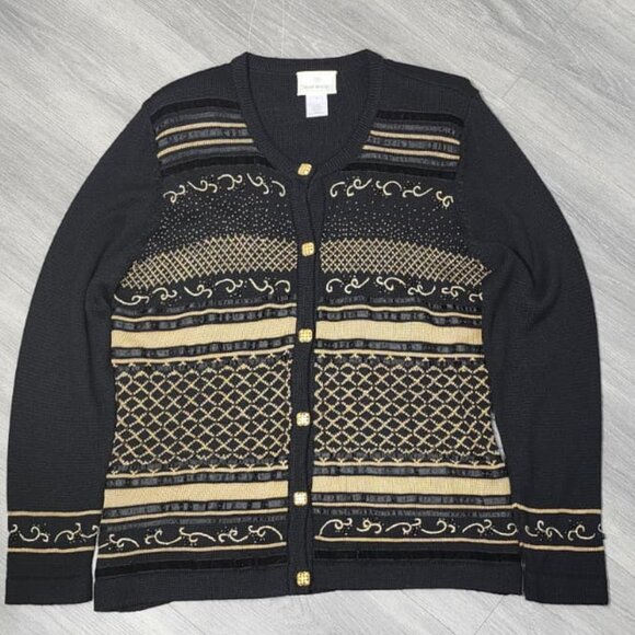 Susan Bristol Vintage 90s Black Gold Beaded Cardigan Sweater L Made in Hong Kong - Picture 2 of 11